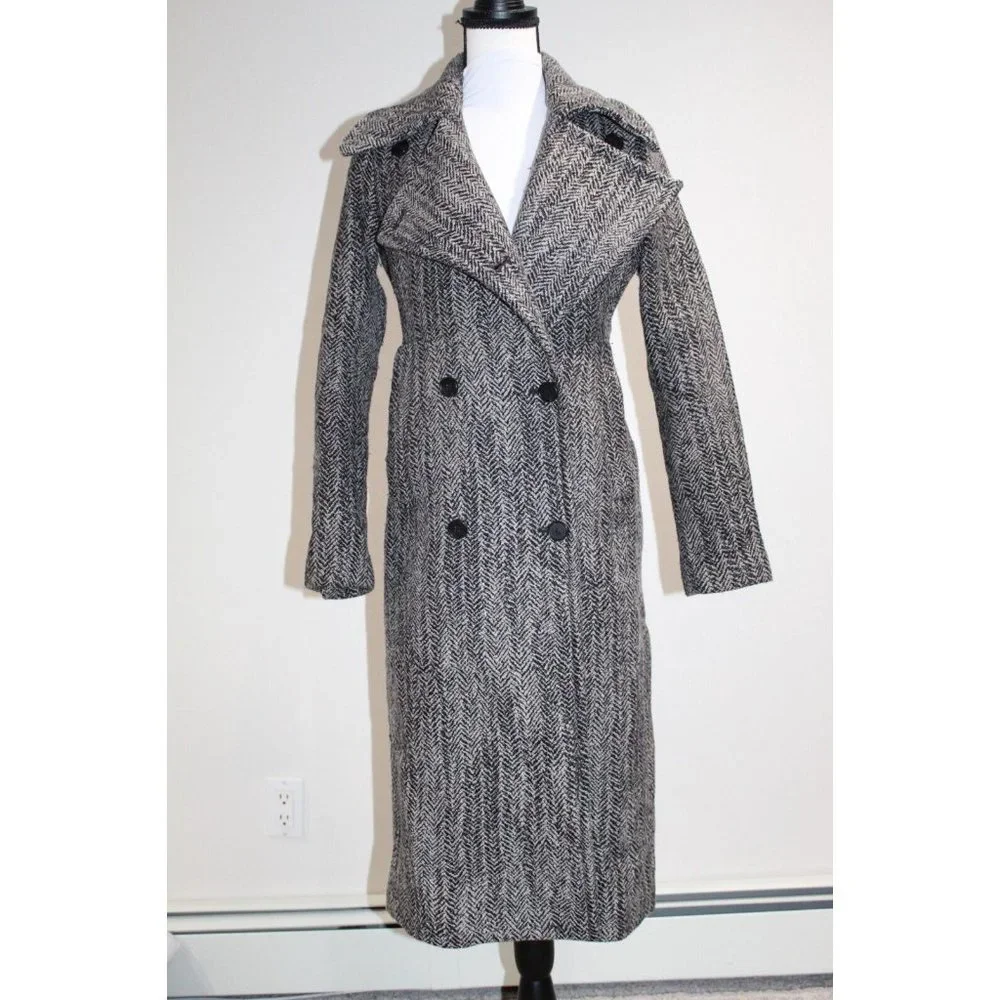 All Saints Aren Coat Size 4 Wool Hepburn Steampunk Modern Minimalist Herringbone - Picture 2 of 11